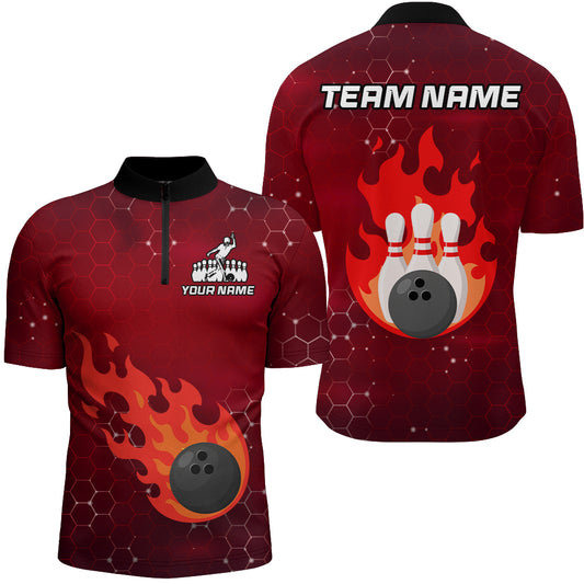 Flame Bowling Shirt for Men Custom Bowling 1/4 Zip Jersey Bowling Team Shirt Bowlers Jersey QZT235
