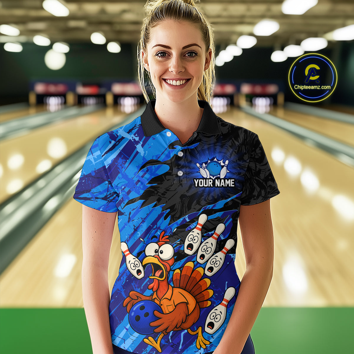 Custom Blue Turkey Bowling Shirt Funny Ball Pin League Jersey for Women Polo Outfit QZT765