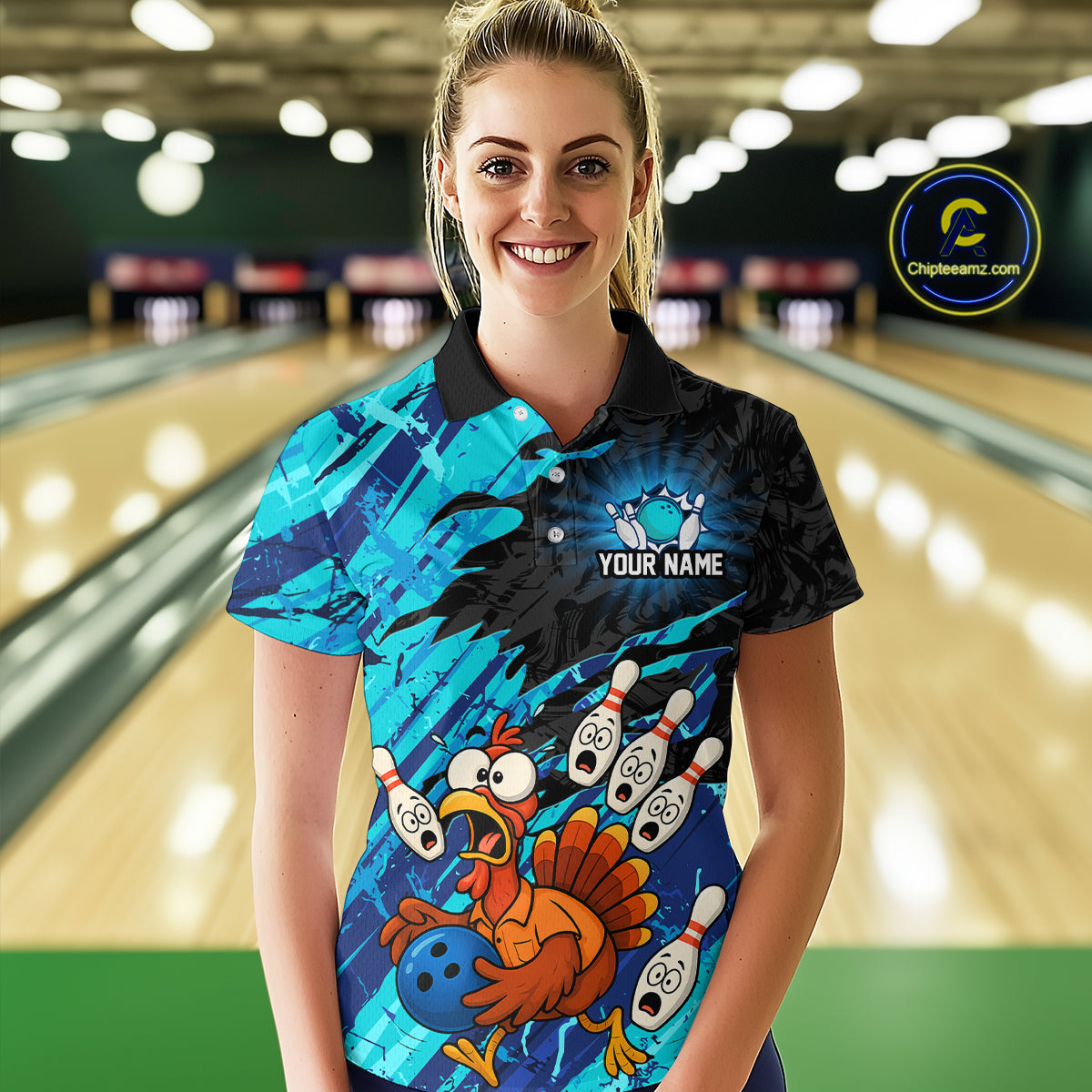 Custom Cyan Turkey Bowling Shirt Funny Ball Pin League Jersey for Women Polo Outfit QZT765