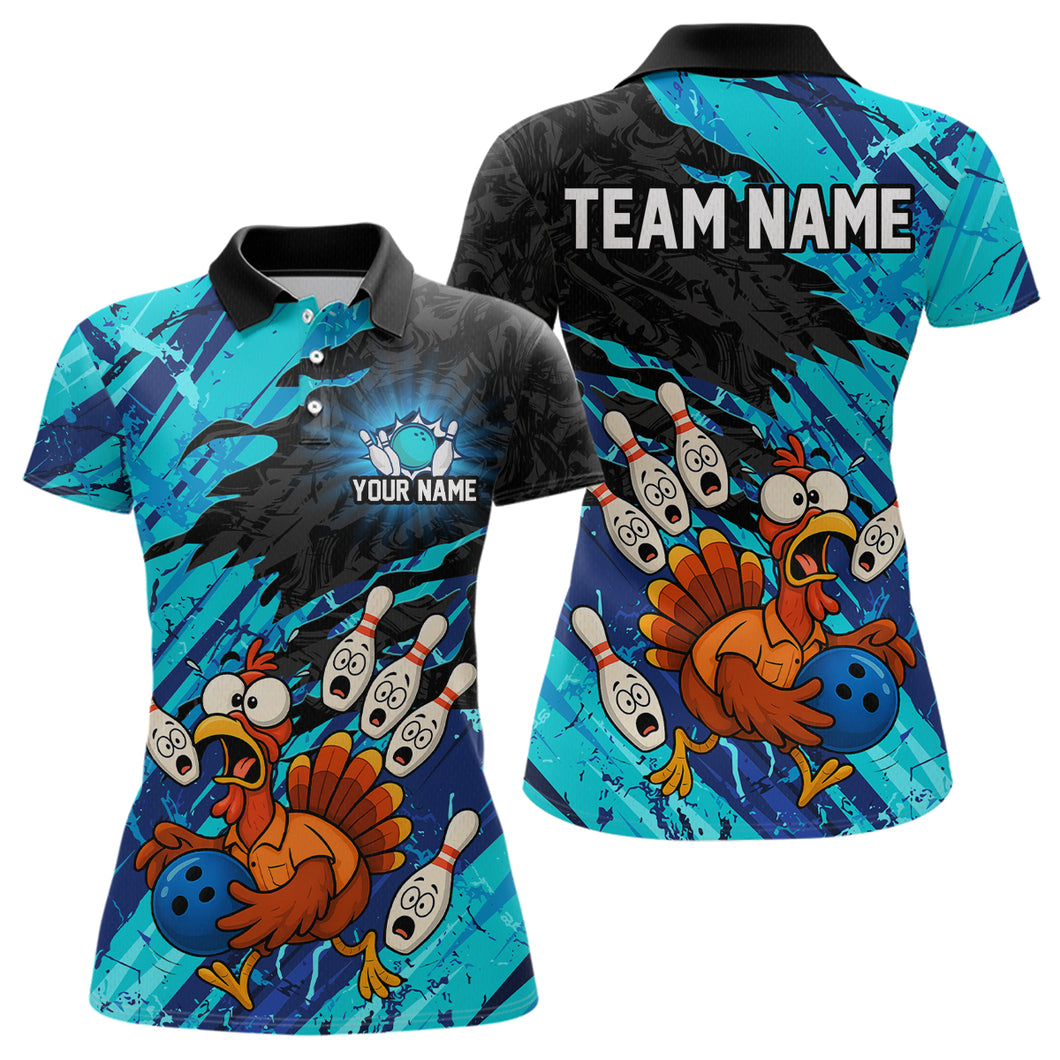 Custom Cyan Turkey Bowling Shirt Funny Ball Pin League Jersey for Women Polo Outfit QZT765