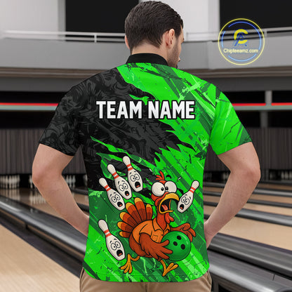 Custom Green Turkey Bowling Shirt Funny Ball Pin League Jersey for Men Polo Outfit QZT765