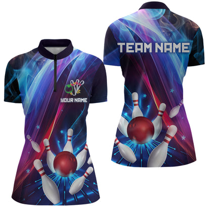 Personalized Galaxy Bowling Pins and Ball Shirt Blue & Purple Neon 1/4-Zip Bowling Team League QZT664