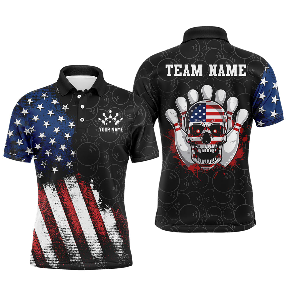 A american flag polo shirt with a bowling-themed graphic that includes the text 'YOURNAME' and 'TEAM NAME' and a skull, front and back view mockup, designed for men.