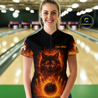 Orange Flame Wolf Bowling Shirt for Women Custom Bowling Jersey League Polo & Quarter-Zip QZT741