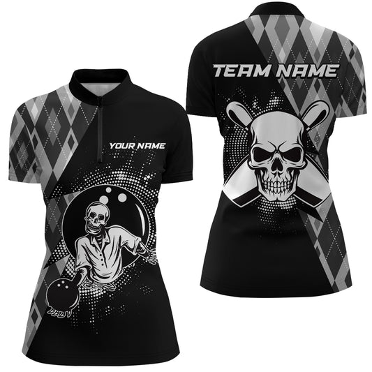 Personalized Bowling Shirts Black Women Skull Bowling Team League 1/4 Zip Shirt Uniform QZT422