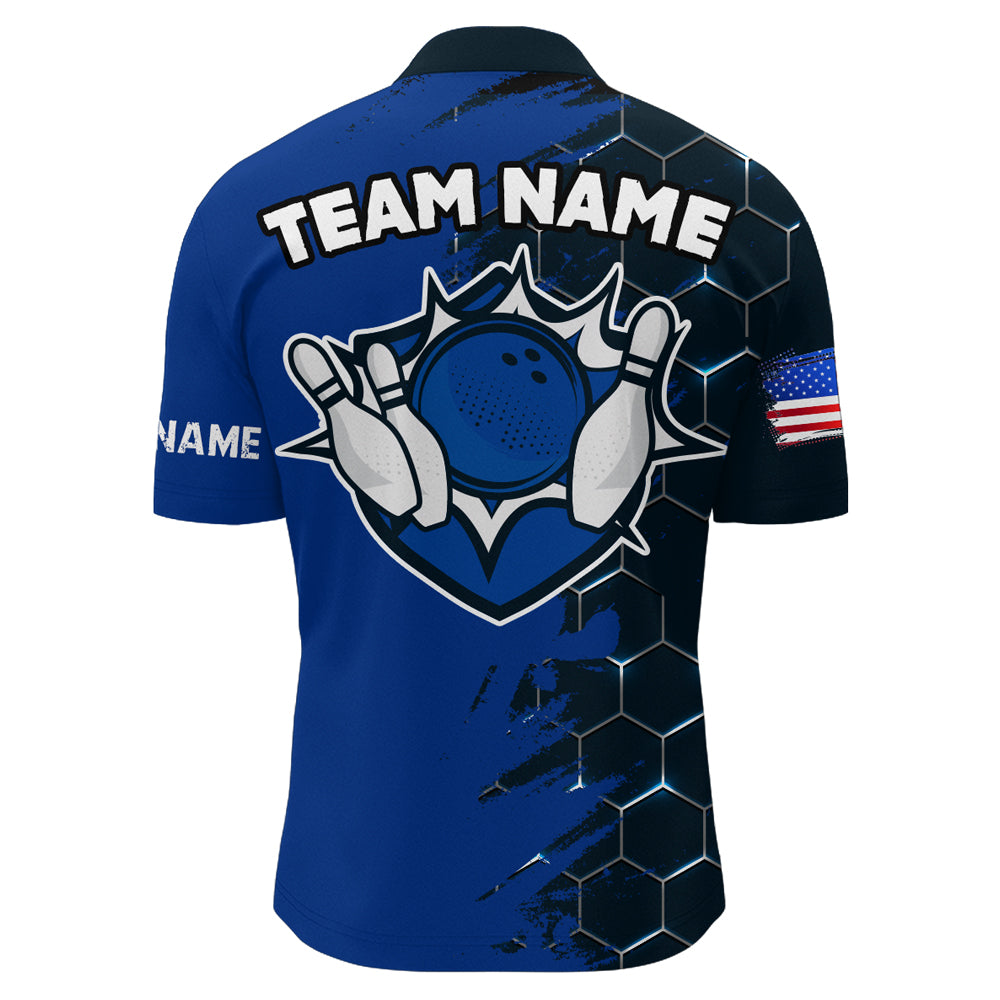 Navy & Black Bowling Shirt Customized Camo Bowling Shirt Quarter- Zip Bowling Team League for Men QZT266