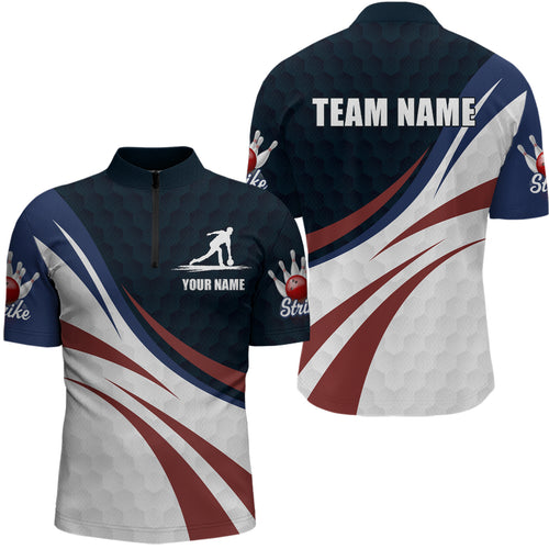 Personalized Red Blue & White Bowling Shirt Patriotic 1/4-Zip Bowling Jersey for Men & Women QZT677