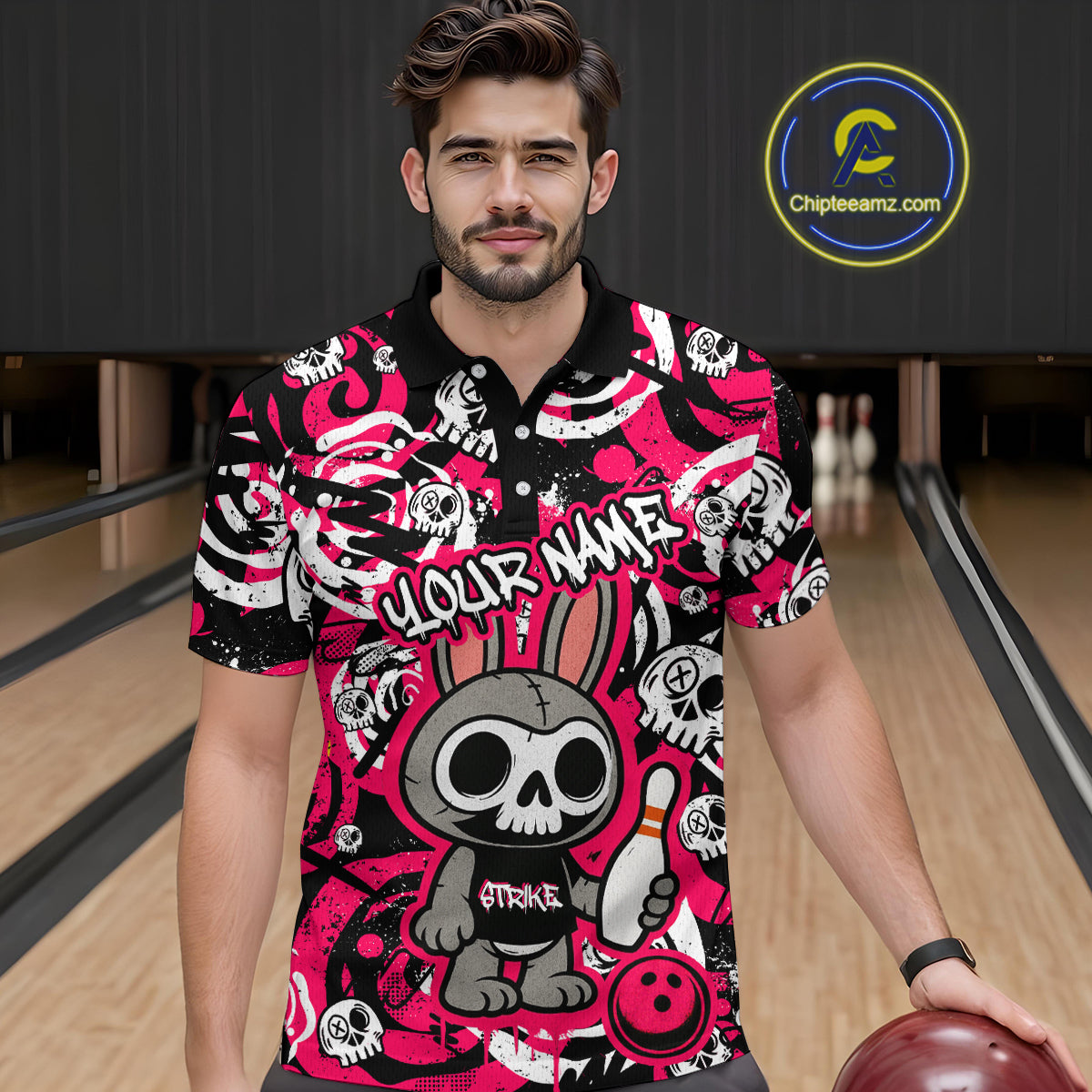 Custom Pink Skull Bunny Bowling Shirt Gothic Men Bowling League Polo Bowling Halloween QZT747