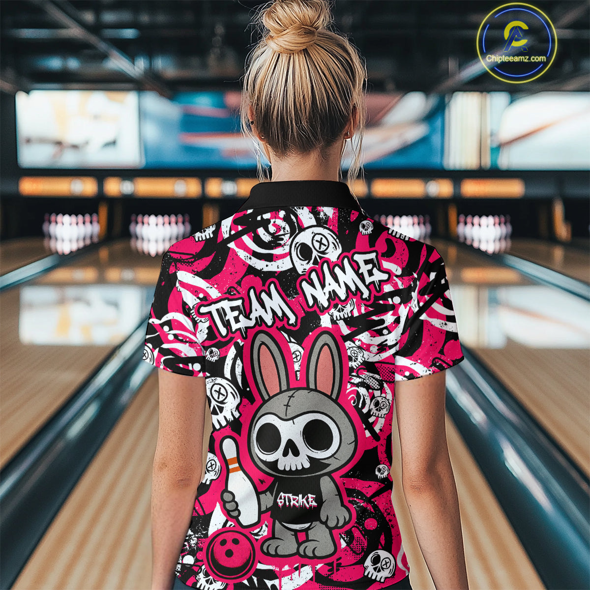 Custom Pink Skull Bunny Bowling Shirt Gothic Women Bowling Team League Polo Halloween QZT747