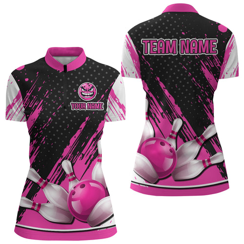 Personalized 3D Quarter Zip Bowling Shirts for Women Funny Pink Bowling Team Jersey QZT512