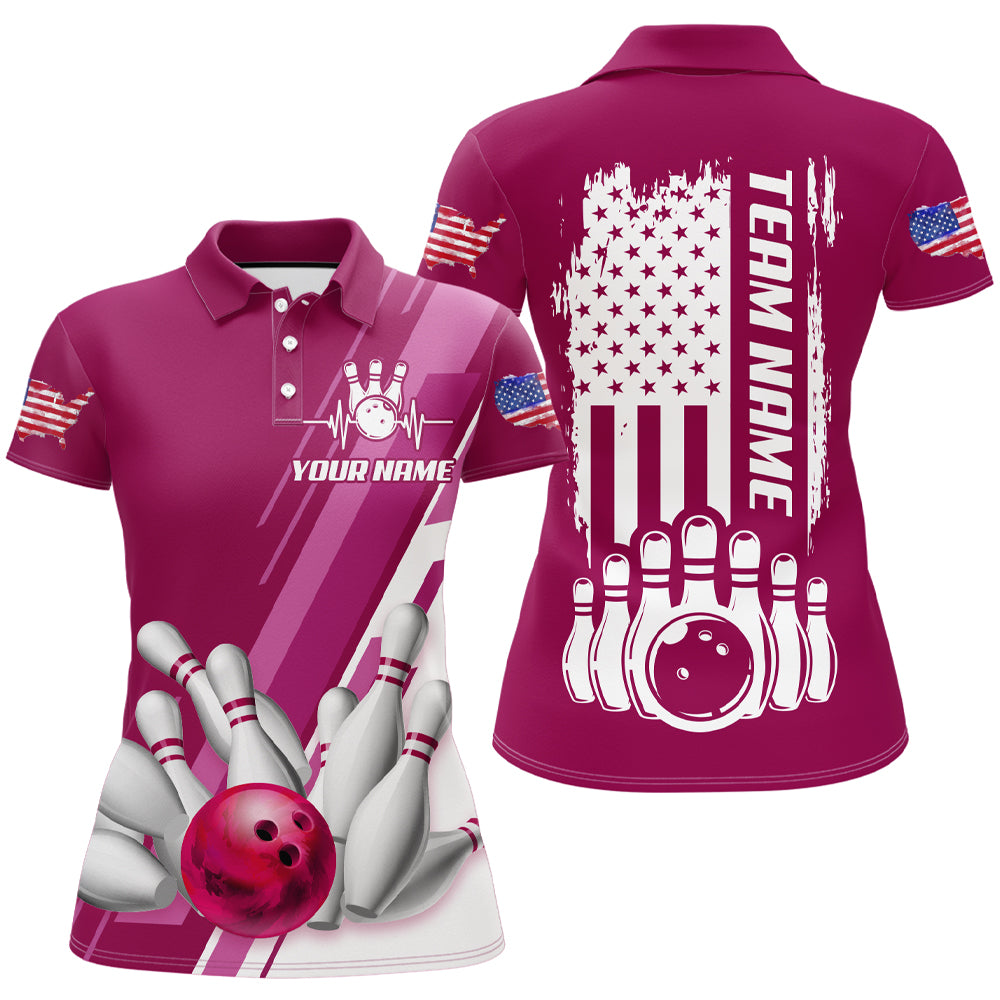 Women's Bowling Shirt Pink Polo Bowling Shirt Personalized Patriotic Bowling Shirt QZT281