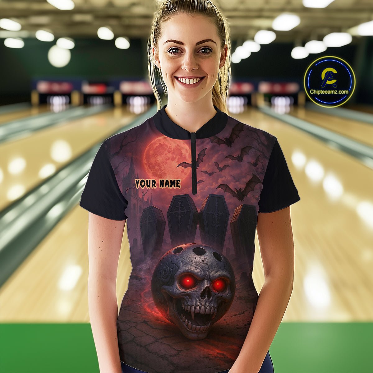 Custom Skull Bowling Team Shirt Vampire Bowling Jersey for Women Bowling Outfit Polo & 1/4 Zip QZT751