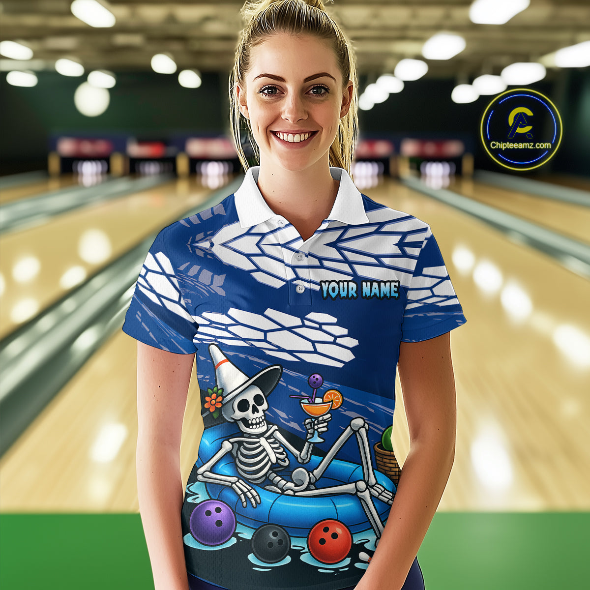 Custom Blue Funny Skull Bowling Shirt Polo & Quarter-Zip Bowling League Jersey for Women QZT755