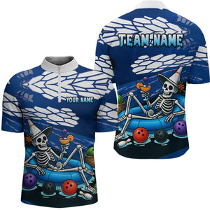 Custom Blue Funny Skull Bowling Team Shirt Polo & Quarter-Zip Bowling League Jersey for Men QZT755