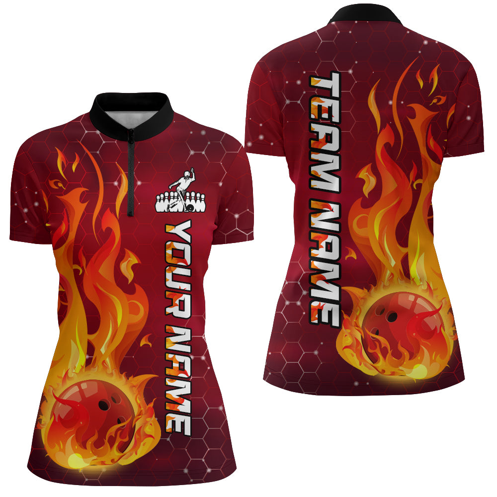 Custom Flame Bowling Shirts Bowling Jersey for Women 1/4 Zip Bowling Uniform QZT447