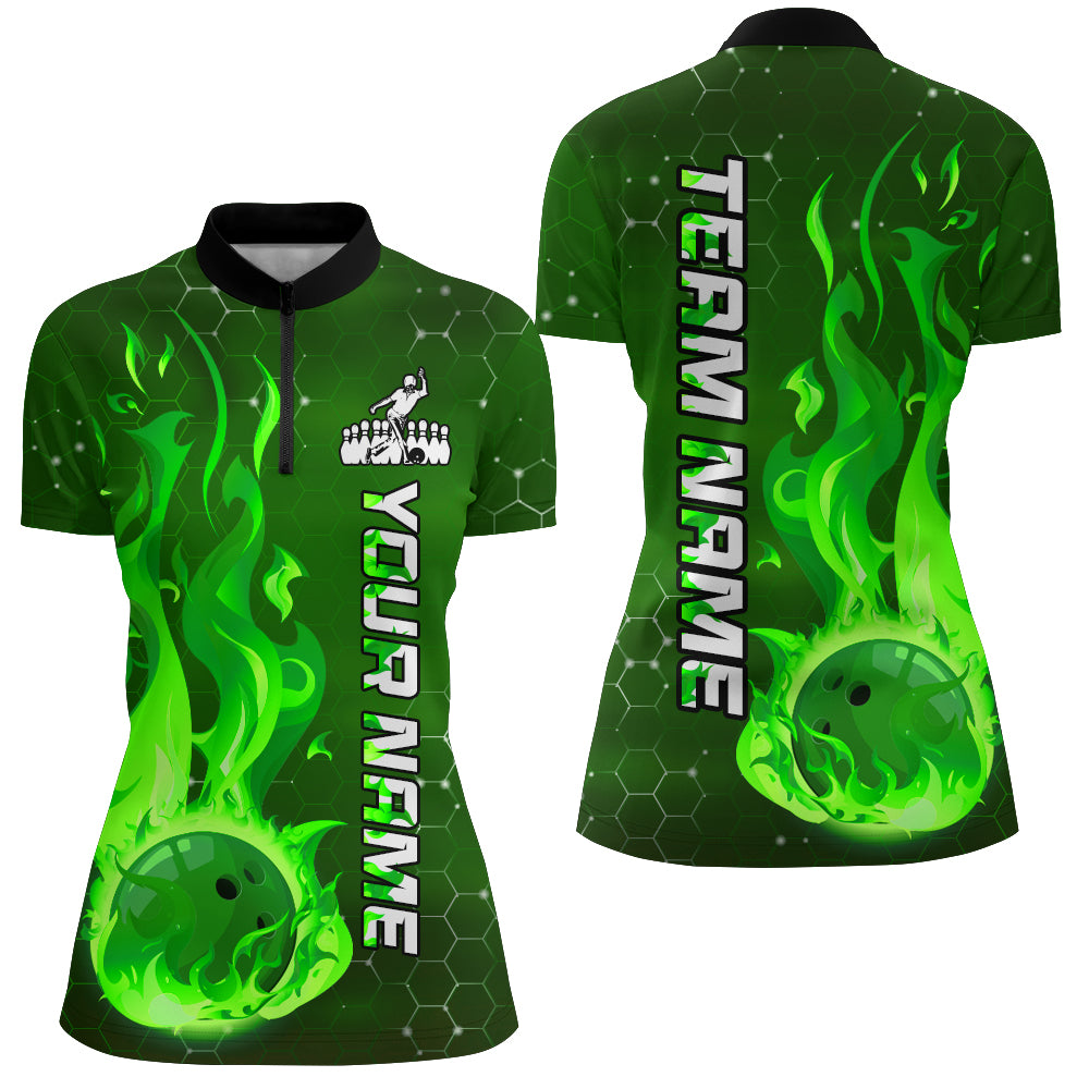 Custom Flame Bowling Shirts Bowling Jersey for Women 1/4 Zip Bowling Uniform QZT447