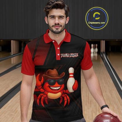 Custom Red Funny Crab Bowling Team Shirt Men Bowling Jersey Outfit Polo & 1/4-Zip Bowler Gift QZT757
