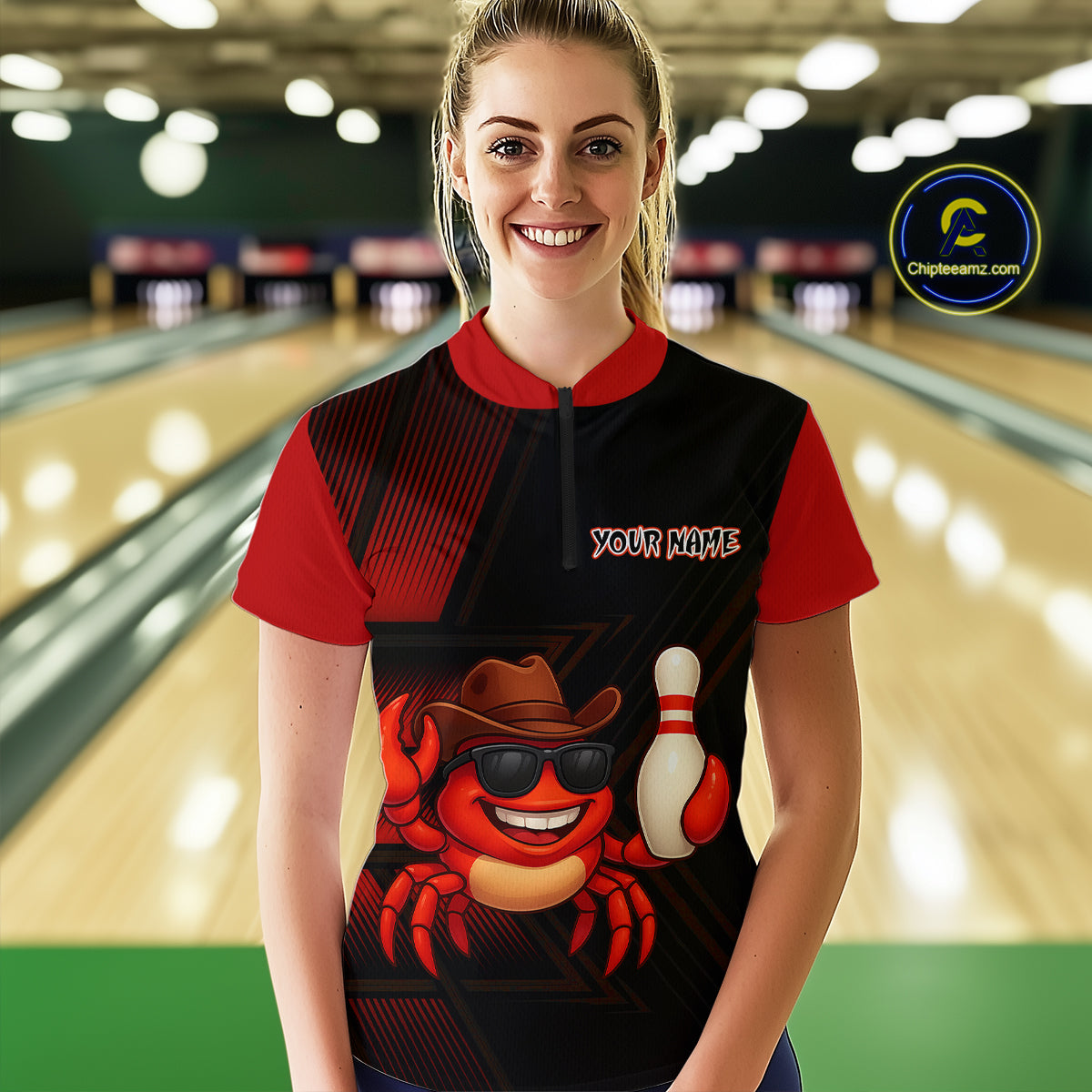 Custom Red Funny Crab Bowling Team Shirt Women Bowling Jersey Outfit Polo & 1/4-Zip Bowler Gift QZT757