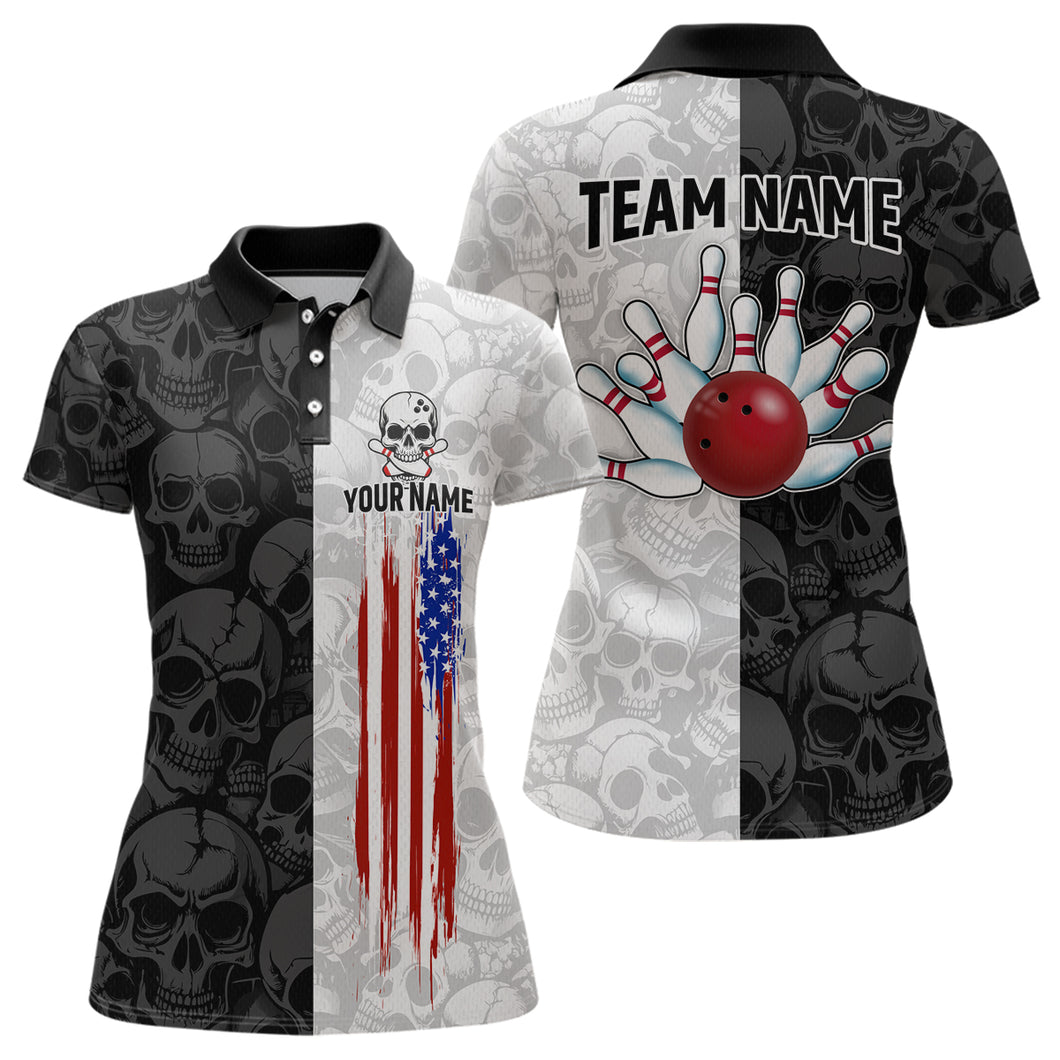 American Flag Bowling Team Shirt Polo 1/4-Zip Patriotic Bowling Jersey for Women Halloween Gift QZT729