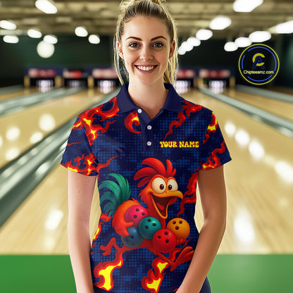 Custom Red Flame Funny Chicken for Women Bowling Team Jersey Bowling League Shirt Polo & 1/4-Zip QZT762