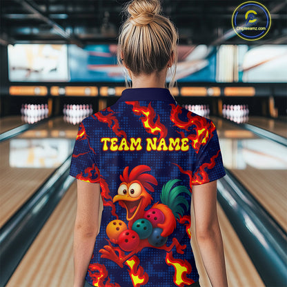 Custom Red Flame Funny Chicken for Women Bowling Team Jersey Bowling League Shirt Polo & 1/4-Zip QZT762