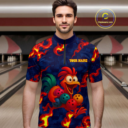 Custom Red Flame Funny Chicken for Men Bowling Team Jersey Bowling League Shirt Polo & 1/4-Zip QZT762
