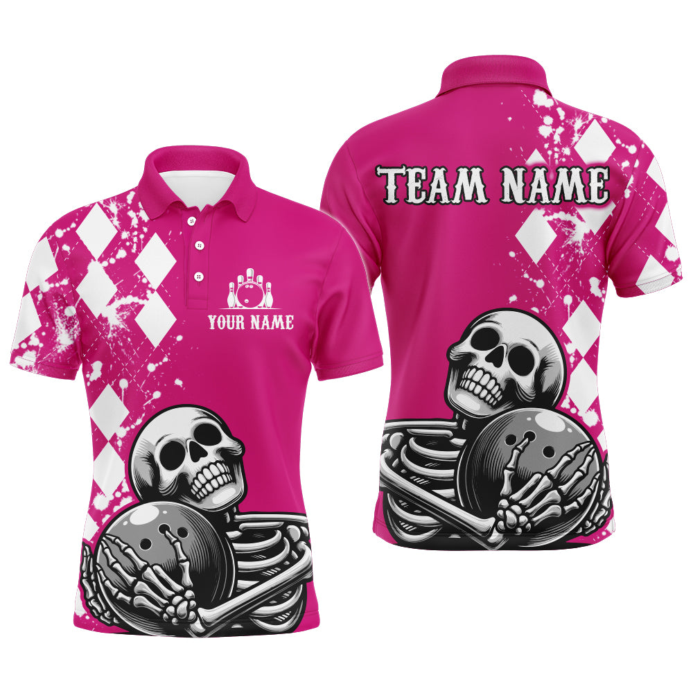 A pink polo shirt with a bowling-themed graphic that includes the text 'TEAM NAME' and a skull holding a bowling ball, designed for men.