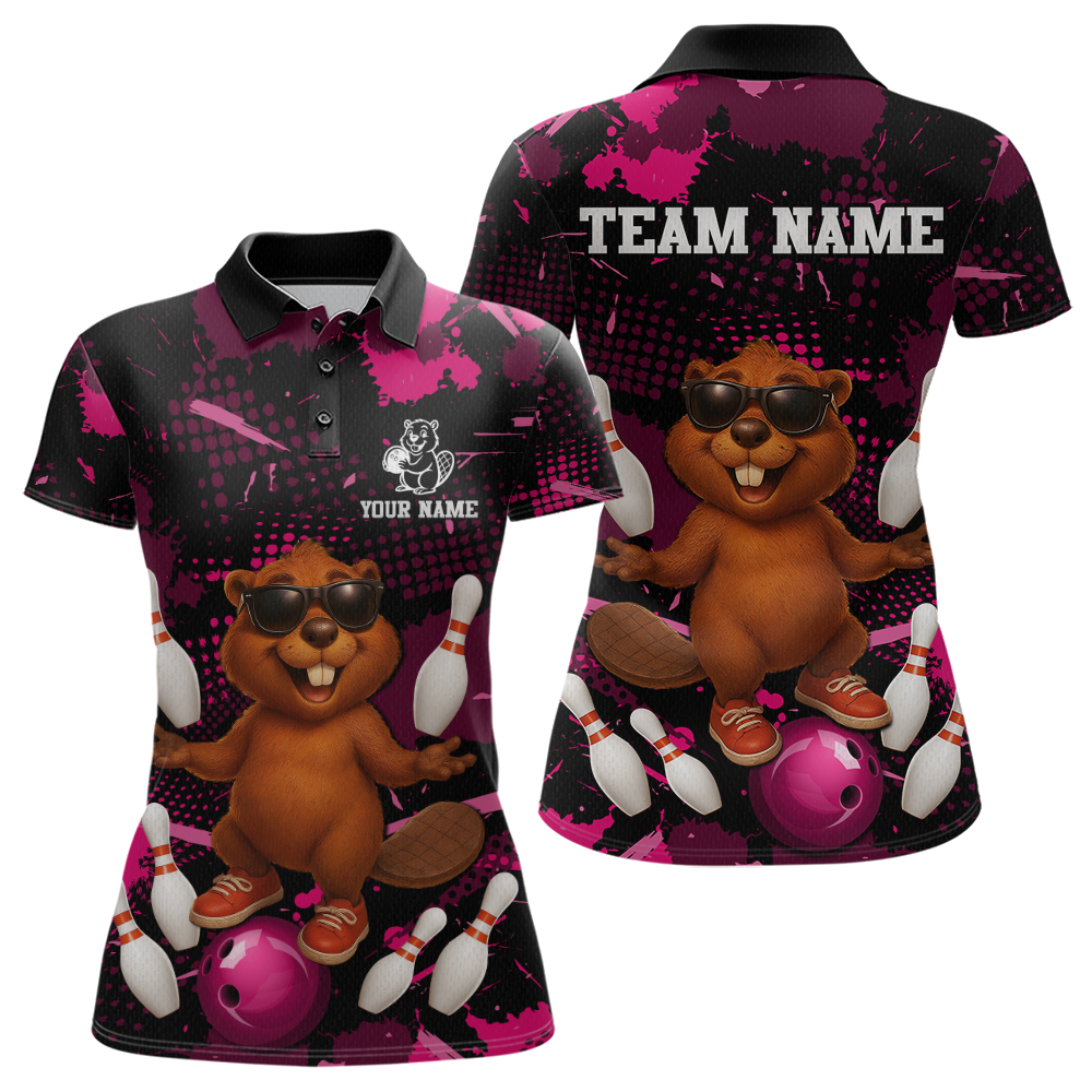 Custom Pink Funny Beaver Bowling Team Shirt Women Bowling League Jersey Polo Bowling Outfit QZT764