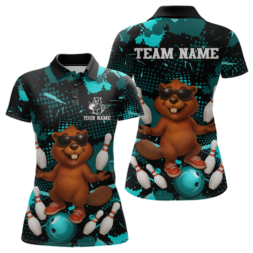Custom Teal Funny Beaver Bowling Team Shirt Women Bowling League Jersey Polo Bowling Outfit QZT764
