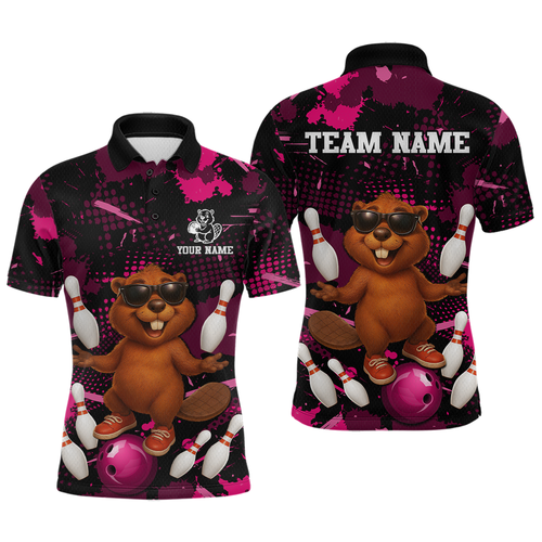 Custom Pink Funny Beaver Bowling Team Shirt Men Bowling League Jersey Polo Bowling Outfit QZT764