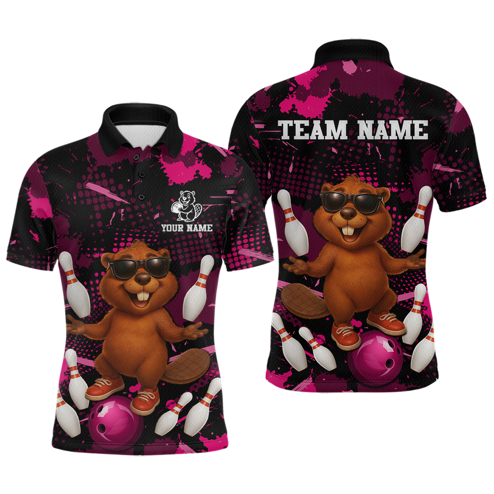 Custom Pink Funny Beaver Bowling Team Shirt Men Bowling League Jersey Polo Bowling Outfit QZT764