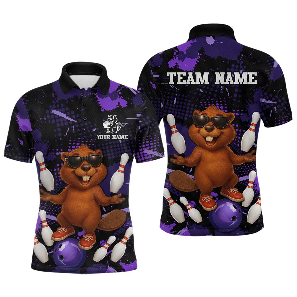 Custom Purple Funny Beaver Bowling Team Shirt Men Bowling League Jersey Polo Bowling Outfit QZT764