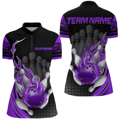Personalized Flame Bowling Shirts Women Bowling Team League 1/4 Zip Bowling QZT410