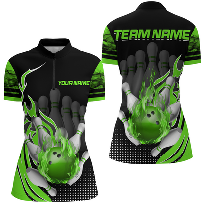 Personalized Flame Bowling Shirts Women Bowling Team League 1/4 Zip Bowling QZT410