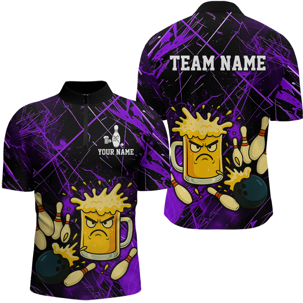Custom Purple Funny Beer Bowling Shirt Team Bowling League Jersey for Men Bowling Outfit QZT767