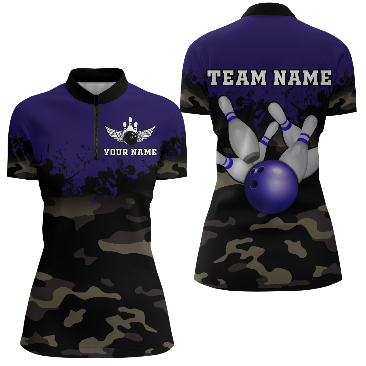 Personalized 3D Quarter Zip Bowling Team Shirts Women Camouflage Bowling Jersey QZT503