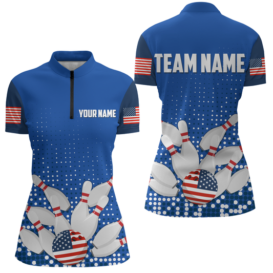 Navy Bowling Shirt Customized Quarter-Zip Shirt for Women Bowling Team with Name QZT271271