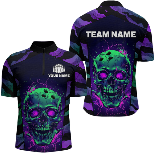Black & Purple Skull Bowling Jersey Custom Quarter-Zip Bowling Team Shirt for Men Women QZT675
