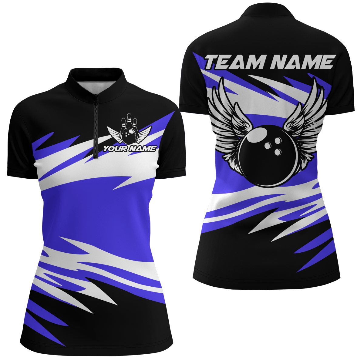 Angel Wings Quarter Zip Bowling Shirts for Women Bowling Team Jersey Multicolor QZT470