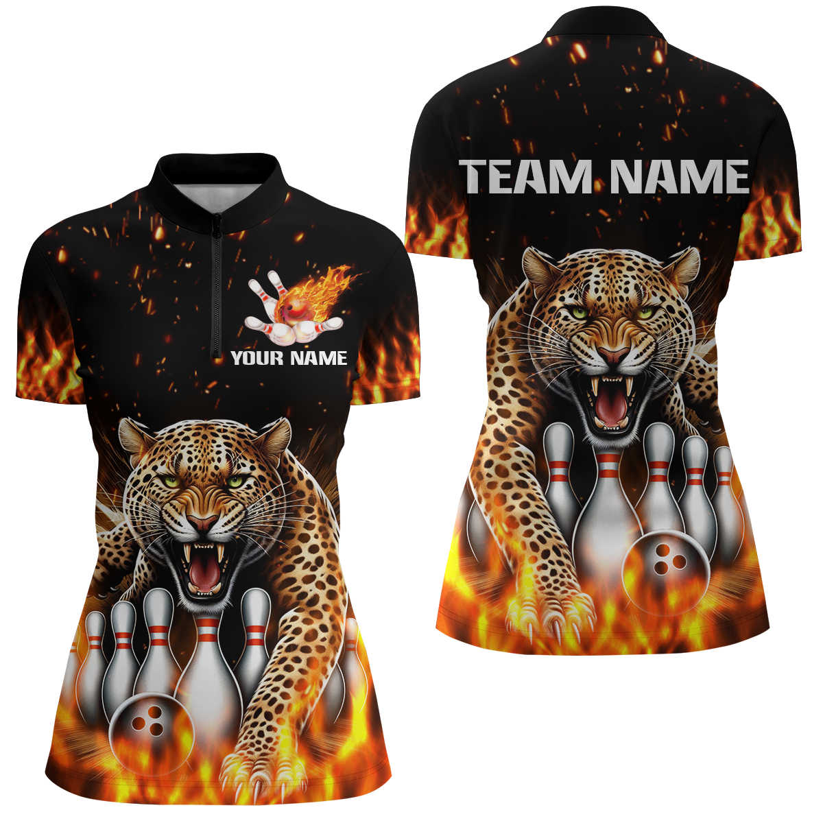 Custom Bowling Shirts Bowling Quarter Zip Flames Bowling Shirt for Women QZT452