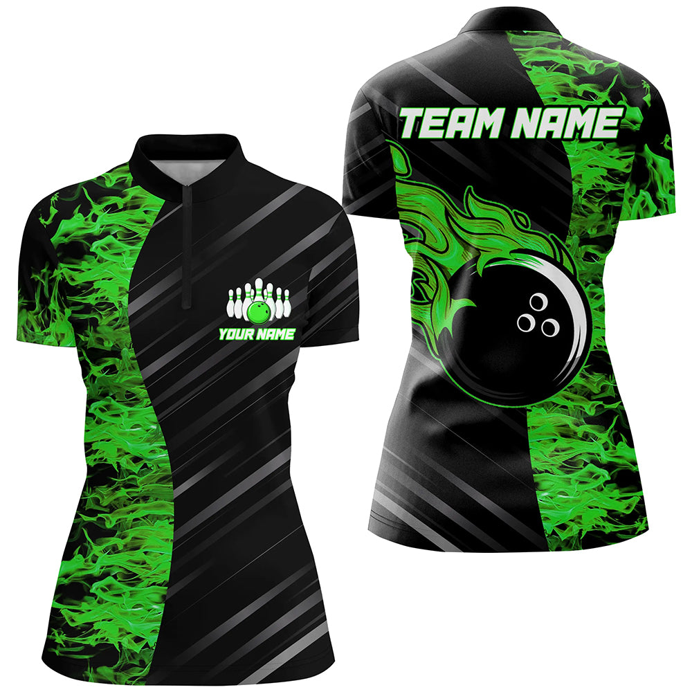 Green Flames Bowling Jersey Men Women Custom 1/4 Bowling Shirt For Team BDT487