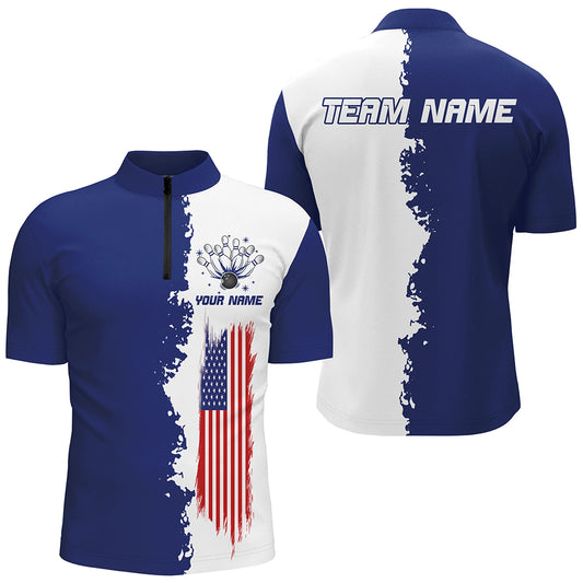 Navy & White Bowling Shirts Men & Women Custom Patriotic Bowling Team Jersey Unisex Quarter-Zip BDT531