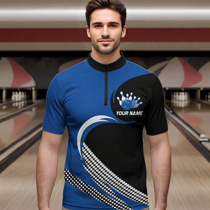 Personalized Blue Bowling Shirts Custom Bowling Team Jersey Quarter-Zip Bowling Shirts BDT502