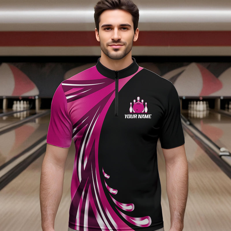Personalized Pink Bowling Team Jersey For Men & Women Custom Quarter Zip Bowling Shirt BDT457