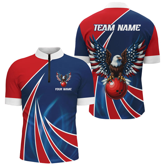 Eagle Bowling Shirts Men Women Personalized 1/4 Zip Bowling Team Jersey Red Blue BDT493