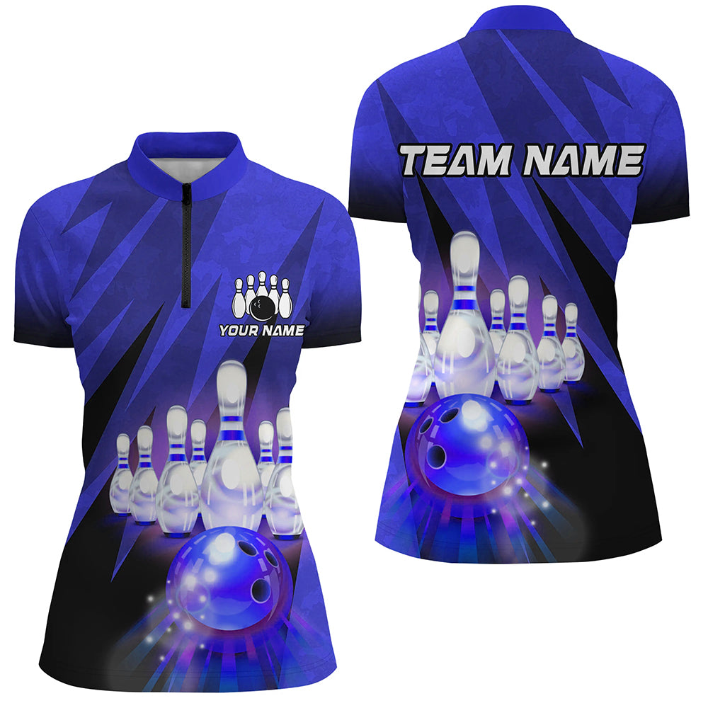 Custom Blue Bowling Shirt For Couple 1/4 Zip Bowling Team Jersey Men Women Bowler Gift BDT501