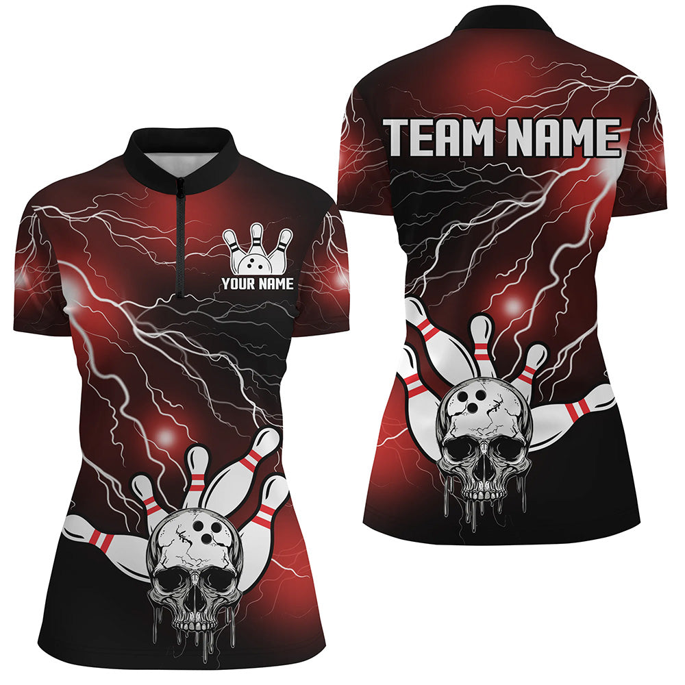 Skull Bowling 1/4 Zip Shirt For Men & Women Light Thunder Red Bowling Team Jersey Halloween BDT541