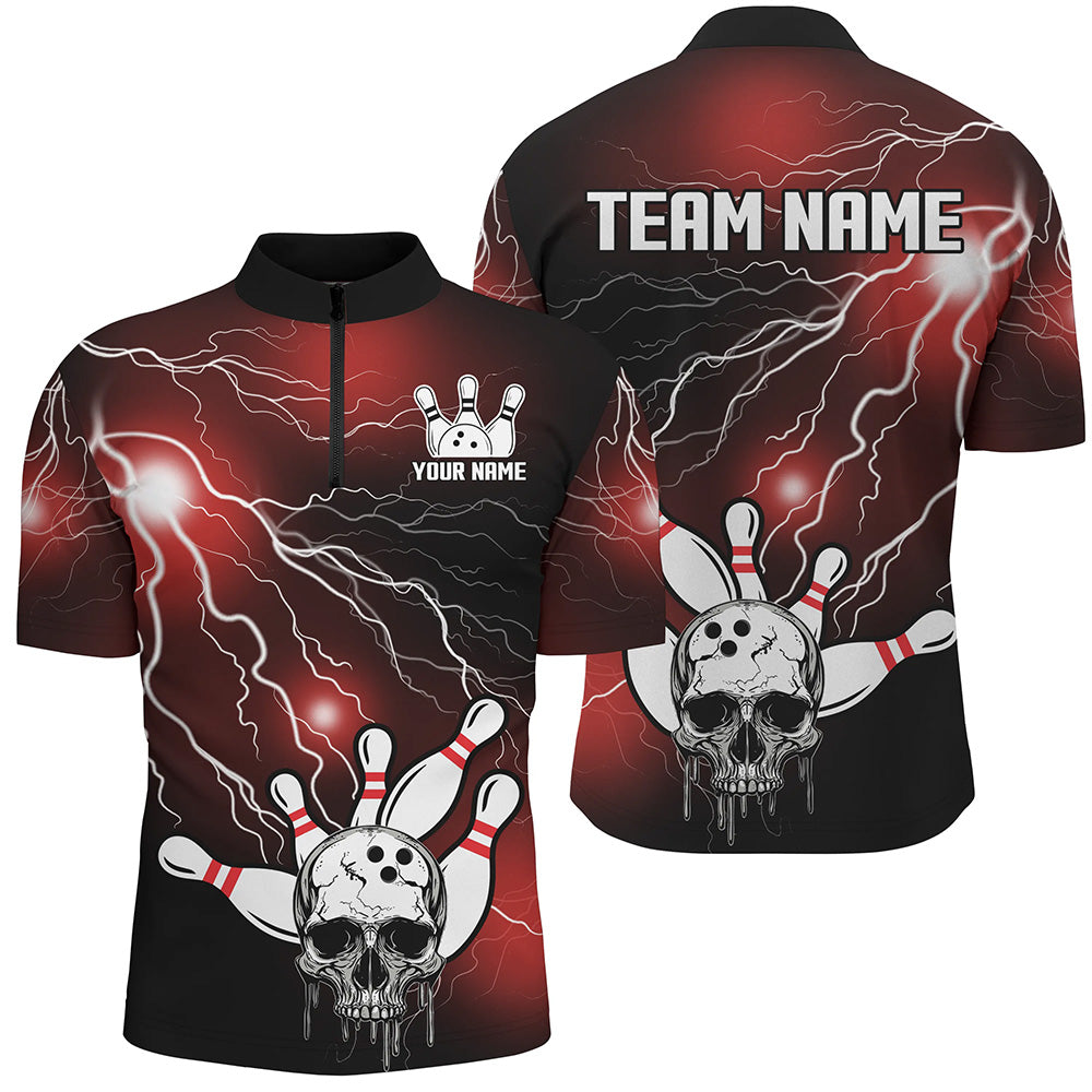 Skull Bowling 1/4 Zip Shirt For Men & Women Light Thunder Red Bowling Team Jersey Halloween BDT541