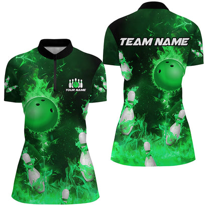 Green Flame Bowling Shirts Men & Women Custom Bowling Team Jersey 1/4 Zip Bowling Uniform BDT529