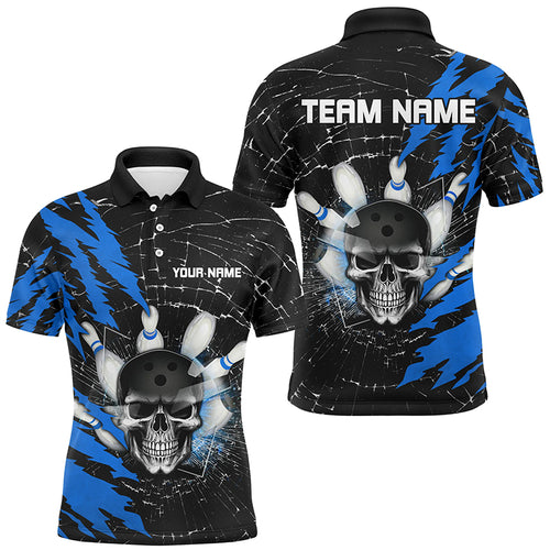 Skull Bowling Polo Shirt For Men & Women Custom Halloween Bowling Team Jersey Blue BDT538